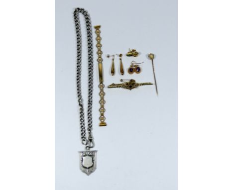 Sapphire and pearl bar brooch, two pars of gold earrings, pearl stick pin and a silver Albert chain and medallion 