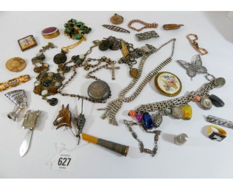 Two boxes of vintage jewellery, brooches, rosary etc 