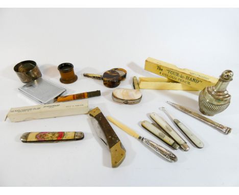 A tray of interesting collectable's to include silver bladed mother of pearl handled pen knives, ever sharp and other propell