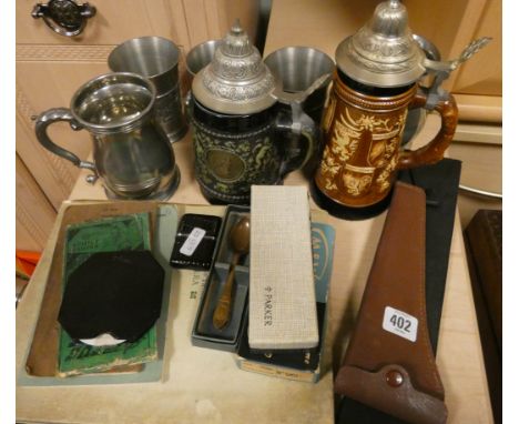 Two beer steins, five tankards, micrometre, Vernier gauge, other engineering tools etc, also to include a Parker Pen