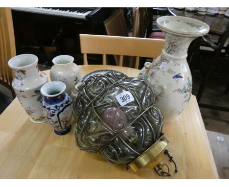 Hanging electric light fitting, Japanese vases, plate etc 