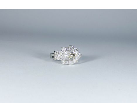 Unusual platinum and diamond buckle design ladies dress ring, ring size O 
