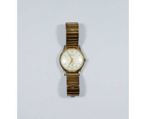 Gents vintage 9ct gold cased wristwatch on plated flexible strap.