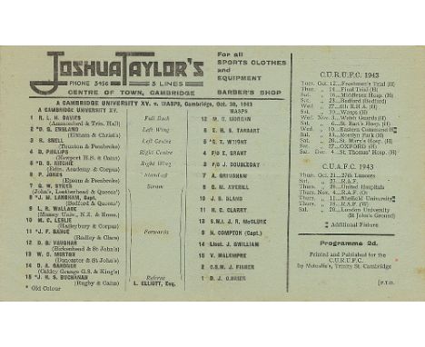 RUGBY UNION, Wartime programme, Cambridge University XV v Wasps, 30th Oct 1943, single card issue, slight fold, light foxing,