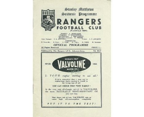 FOOTBALL, signed programme by Stanley Matthews, Rangers (Johannesburg) v Ramblers, 7th May n.y. (c.1958), signed and inscribe