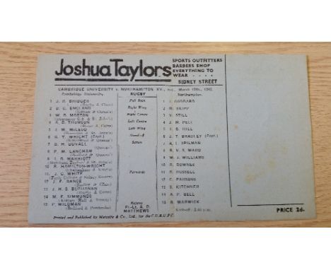 RUGBY UNION, Wartime programme, Cambridge University v Northampton XV, 13th Mar 1943, single card issue, slight fold, light f