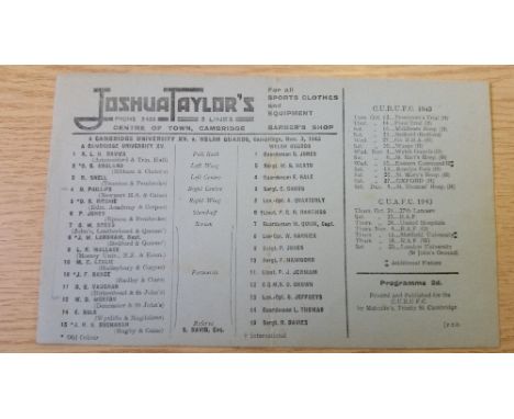 RUGBY UNION, Wartime programme, Cambridge University XV v Welsh Guards, 3rd Nov 1943, single card issue, slight fold, light f