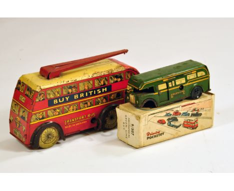 Wells Brimtoy Tinplate Clockwork Medium Sized Trolleybus plus Mechanical Greenline Bus with Box. Conditions F to G. (2)
