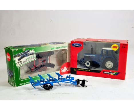 Britains 1/32 Ford TW30 Tractor, Siku Disc Harrows plus Plough (broken). Otherwise M in Boxes. (3)