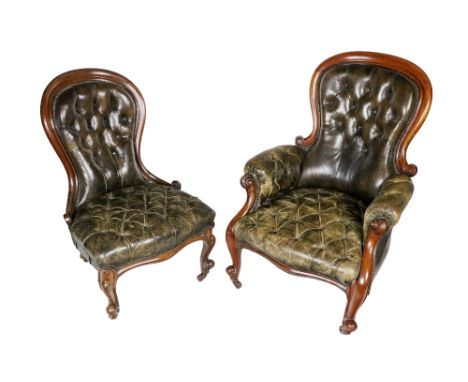 An Irish Victorian mahogany framed Gentleman's Armchair, covered in green deep button leather on front carved cabriole legs; 