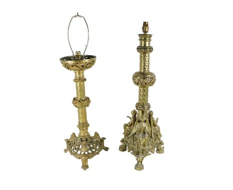 An attractive ornate 19th Century French ormolu pillar Candlestick, (converted to lamp) decorated with pierced bands depictin