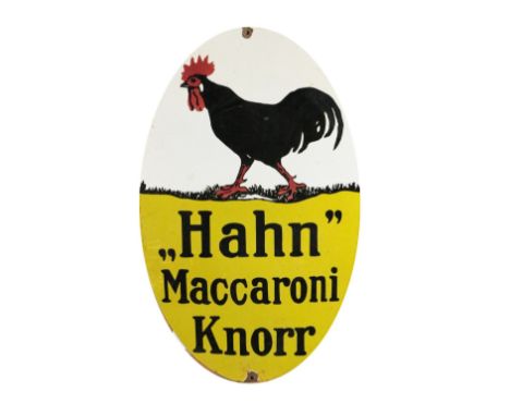 Advertisement:&nbsp; A Vintage enamel oval shaped Sign for "Hahn Maccaroni Knorr," illustrated with cockerel, pierced, approx