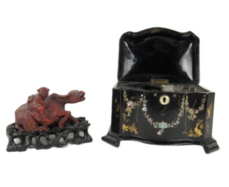 An attractive Oriental casket shaped mother-o-pearl floral design inlaid Tea Caddy,&nbsp;with hinged lid; together with a car