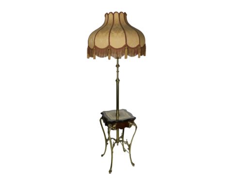 A late Victorian telescopic brass Lamp, (converted) on table base with moulded top and ornate cabriole legs and with gold dam