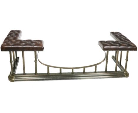 A Georgian style brass Club Fender, the top with deep button leather upholstery, open centre, turned pillar support on shaped