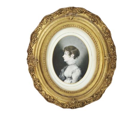 19th Century Irish School  "Susan Norman," pastel, side profile Portrait of a young Lady with high neck dress, in gilt frame.
