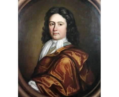 In the Manner of Godfrey Kneller (1646-1723)  Half-length "Portrait of a Nobleman wearing black Wig, white Necktie, and red S