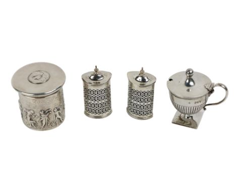 An English silver urn shaped Mustard, with hinged lid, hallmarked, a pair of attractive Georgian style filigree design Salt a