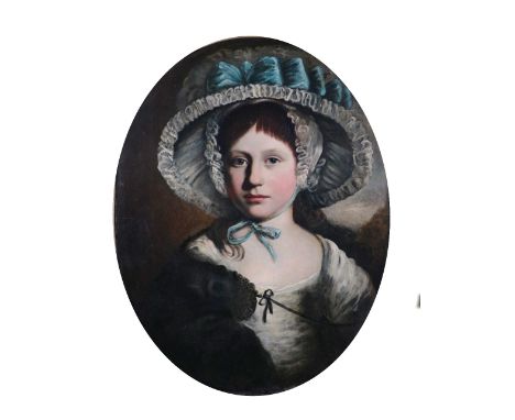 Attributed to Gilbert Stuart, American (1755-1828)  Half-length "Portrait of an elegant Young Girl with decorative blue and s