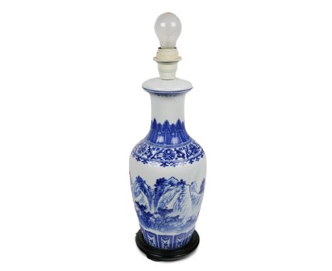 A 20th Century Chinese blue and white vase Lamp, decorated with mountainous landscape with script on circular wooden base. (1