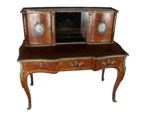 An attractive and fine quality Louis XVI style kingwood Bureau de Dame, the recessed top with crossbanded shelf with pierced 