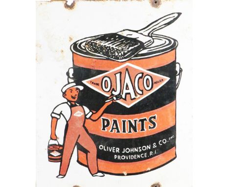 Advertisement:&nbsp;A Vintage enamel Sign for "OJaco Paints, Oliver Johnson and Co. Providence R.I.," illustrated pierced, ap