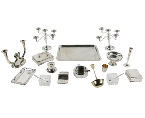 An attractive collection of silver Plateware, tray, boxes, butter and jam dish, candlesticks, soup ladle, bowl, etc. A lot. (