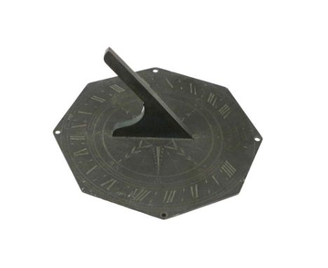 A 19th Century Irish slate octagonal shaped Sundial, by Mason, Essex Bridge, Dublin, with plain brass gnomon, approx. 18cms (