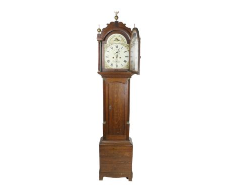 A 19th Century oak cased Grandfather Clock, the hood with ornate brass finials housing a painted arched dial with Roman numer