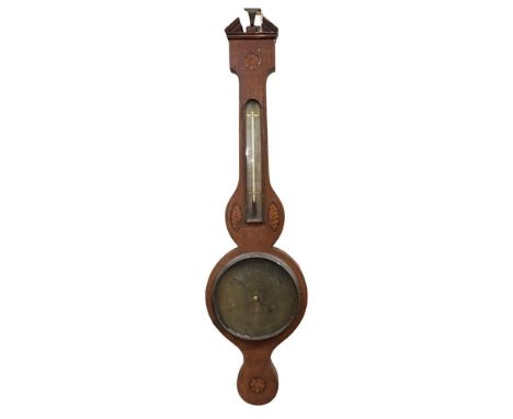 A Victorian Irish inlaid mahogany 'Banjo' Barometer, the arched pediment above thermometer gauge, and brass circular dial by 