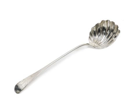A large silver Soup Ladle, Edinburgh c. 1772, with a scallop shell bowl in the Old English pattern with a slight Hanoverian r