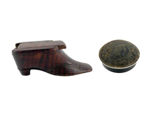 A rare Georgian period wooden Snuff Box, modelled as a shoe with sliding top compartment, approx. 9cms (3 1/2") long; togethe