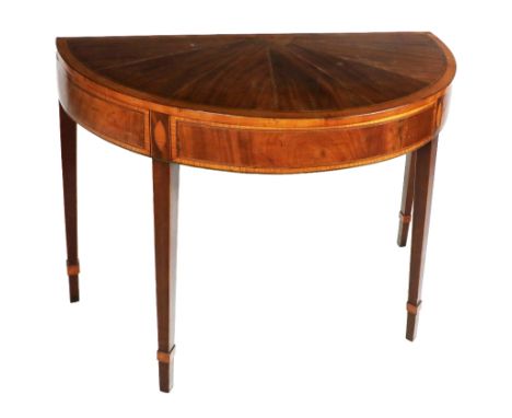 A 19th Century demi-lune fold-over Card Table,&nbsp;the top with sunburst inlay and satinwood crossbanding over conforming fr
