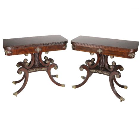 An attractive pair of Georgian style fold-over Side Tables,&nbsp;in the manner of Duncan Phyfe, the crossbanded tops with ree
