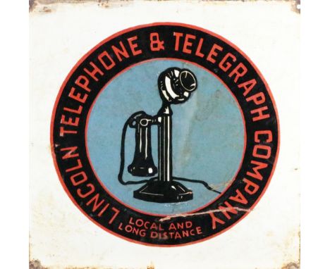 Advertisement: A Vintage enamel Sign for "Lincoln Telephone &amp; Telegraph Company, local and long distance," illustrated, p