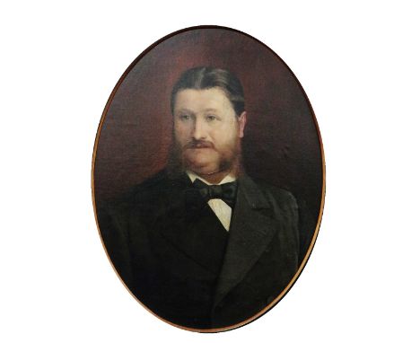 19th Century Irish School  "Portrait of a Gentleman, with middle parting and red whiskers, wearing bow," in oval mount, appro