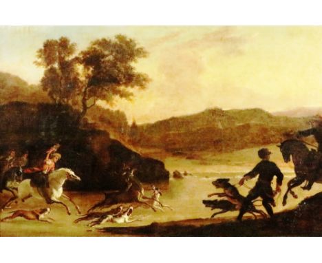 Follower of Frans Snyders (1579-1657)&nbsp;   “Stag Hunt by a River, &nbsp;c. 1650,” O.O.C., 83.8cms x 132cms &nbsp;&nbsp;(33