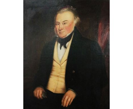 19th Century Irish School  "Half length Portrait of a Gentleman seated with short grey hair and side locks, wearing mustard c