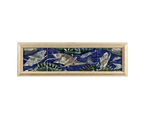 After William de Morgan (1839-1917)A set of four Persian Fish Frieze Tiles, mounted and framed, approx. 14cms x 60cms (5 1/2"