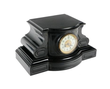 A Victorian slate marble Clock, the shaped platform top above a circular enamel dial with embossed brass centre and surround 