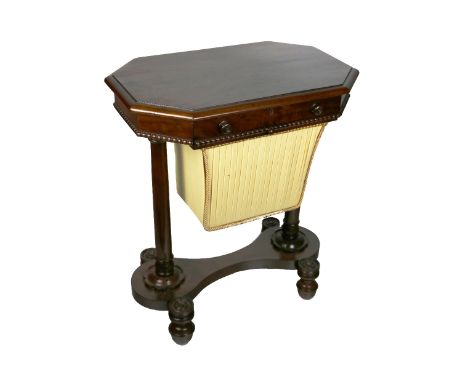 A fine quality mahogany William IV Ladies Work Table, the moulded octagonal top with frieze drawer opening to reveal fitted i