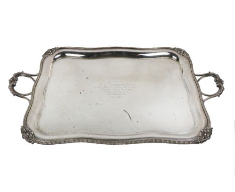 A large Sheffield silver Tea Tray, c., 1923, by Mappin &amp; Webb, with rectangular shaped sides and straight gadroon border 