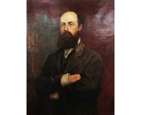 James Butler Brennan, RHA (1825-1889)  "Thomas Marpole," O.O.C., Portrait of a bearded Gentleman arms folded, with building i