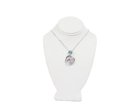 An attractive Ladies white gold Chain, with white gold pendant set with French cut amethyst and blue topaz, surrounded with b