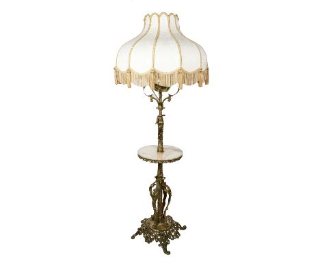 A fine quality French style tall ormolu Oil Lamp, the top converted with domed cream damask shade, with ornate pillar, centra