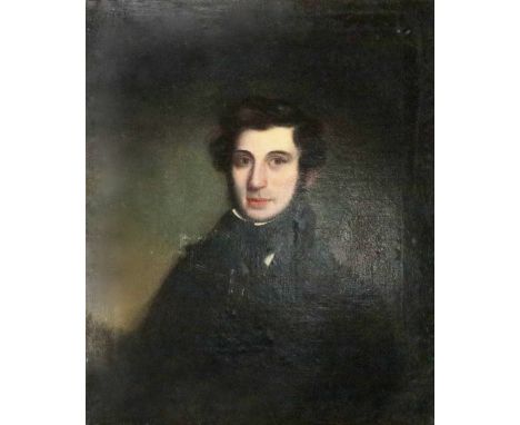 18th Century Irish School  "Portrait of a Young Gentleman with short brown hair wearing black coat and neck scarf," O.O.C., a