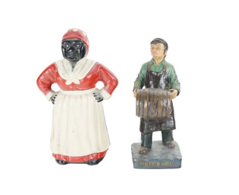 An advertisement painted porcelain Figure, of a cooper with barrel in hand for "Heineken" approx. 24cms (9 1/2"); together wi