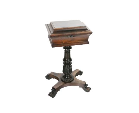 An attractive William IV rosewood Tea Caddy, the moulded top open to reveal fitted interior, on a turned and carved pillar te