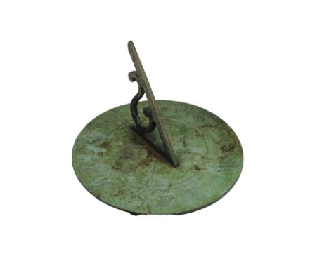 A 19th Century Irish bronze circular Sundial, signed&nbsp;'Spear, College Green, Dublin,' with Roman numerals, pierced scroll