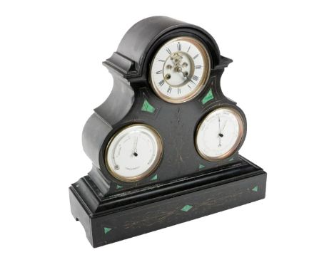 A 19th Century slate marble three face Mantle Clock, the top circular dial with Roman numerals above two further dials with b